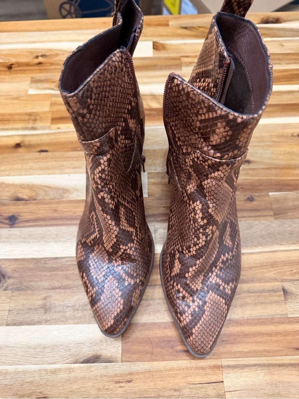 Maurices Brown Snake-Print Pointed Toe Heeled Ankle Boots